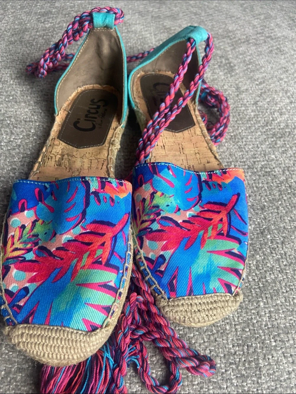 Sam Edelman Circus Bright Teal & Pink Braided Espadrille Wedges 8